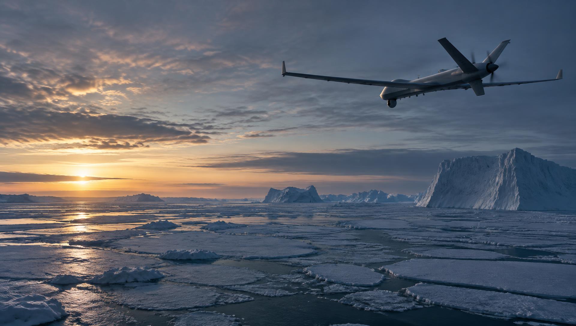 A long-range drone flying over arctic sea ice at sunset