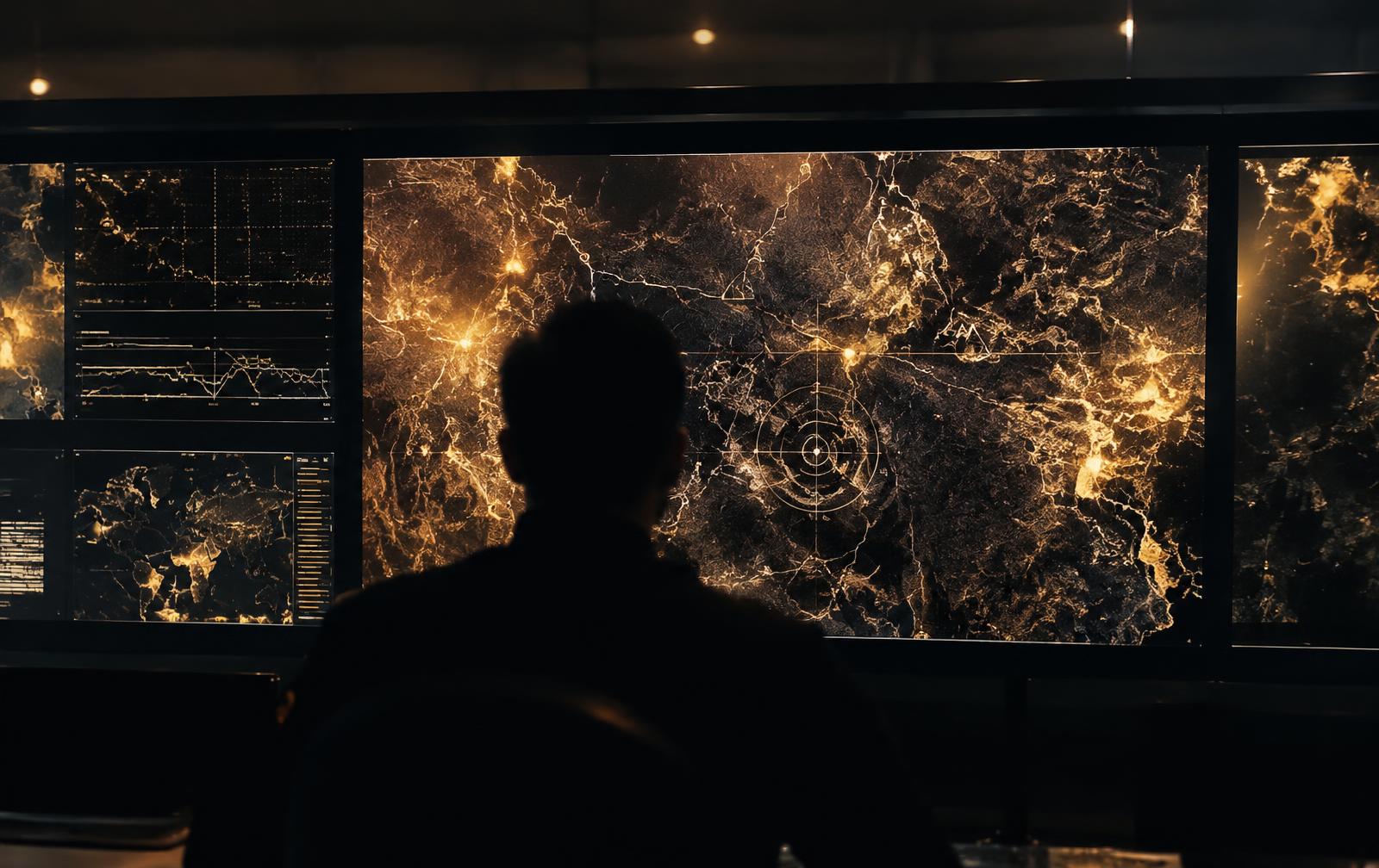 Analyst silhouetted before glowing terrain map displays