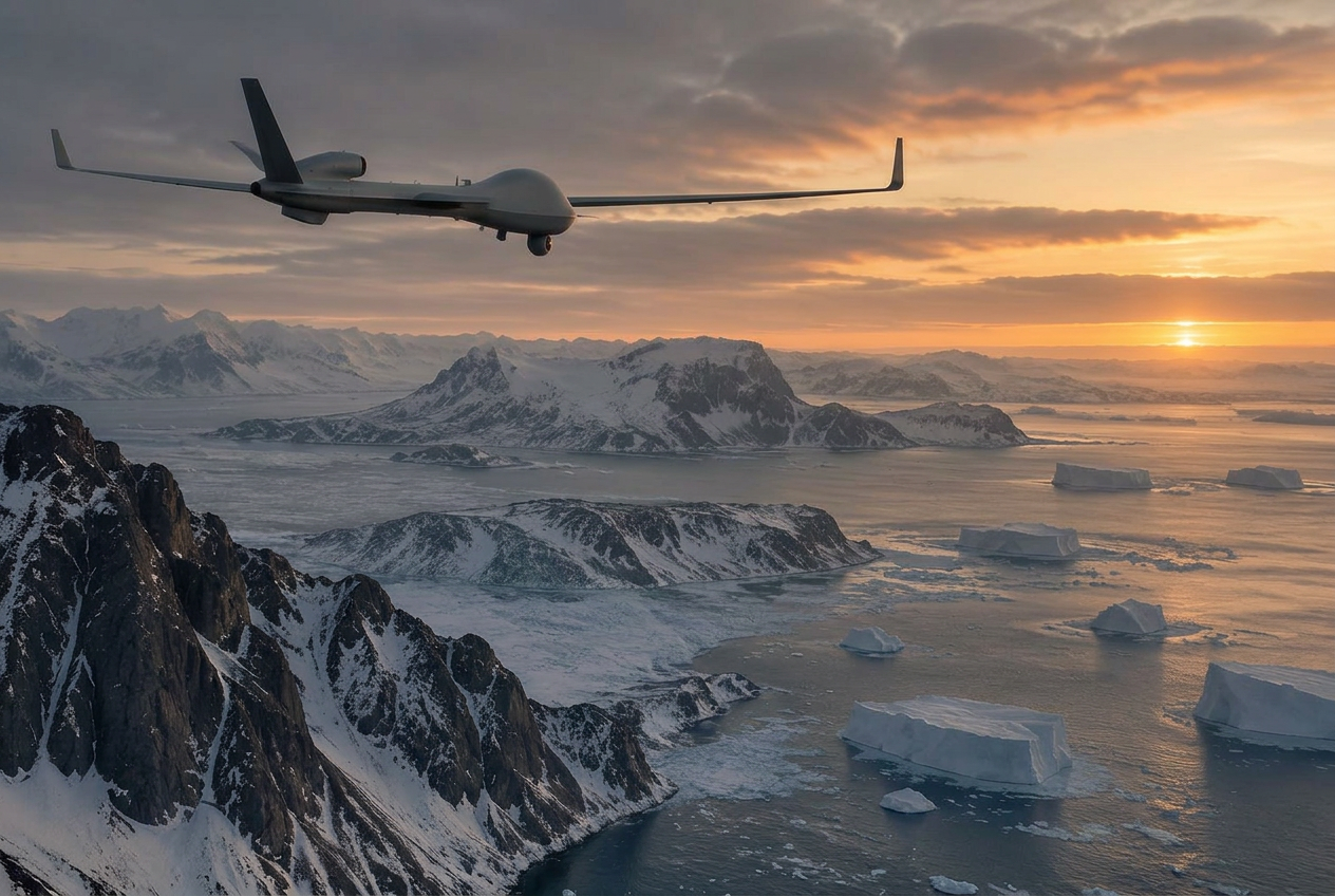 Surveillance drone over an icy coastline
